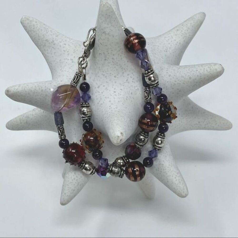 Bella Dolce | Sterling Silver Beaded Bracelet in earthy purple tones size 8 1/4”